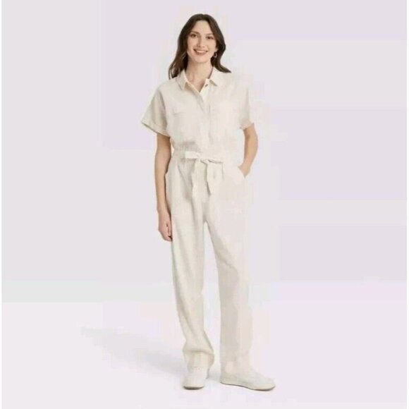 Universal Thread Short Sleeve Linen Boilersuit Women's Size 16 Button Up White - Picture 1 of 11